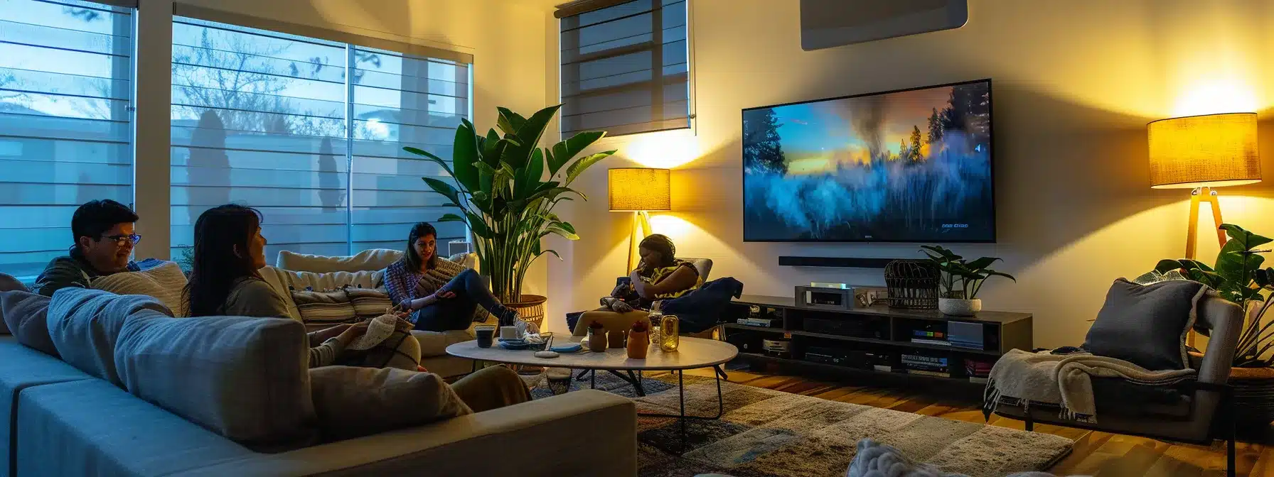 A modern Calgary living room is illuminated by warm, artificial light, showcasing an expert discussing air conditioning solutions with homeowners, while energy-efficient units are prominently displayed in the background, reflecting a focus on comfort and investment in home climate control.