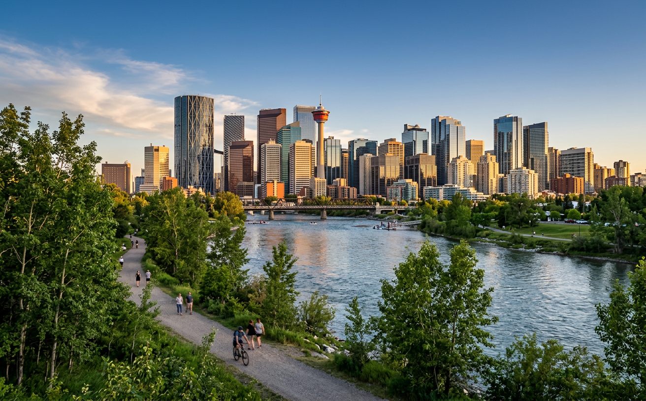 Downtown Calgary skyline and the Calgary Tower across the Bow River