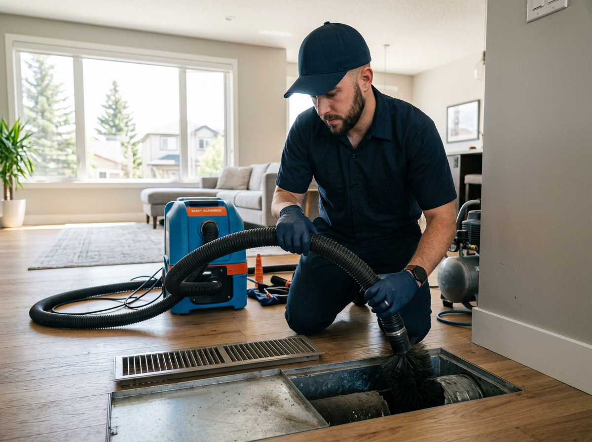Technician cleaning a home air duct