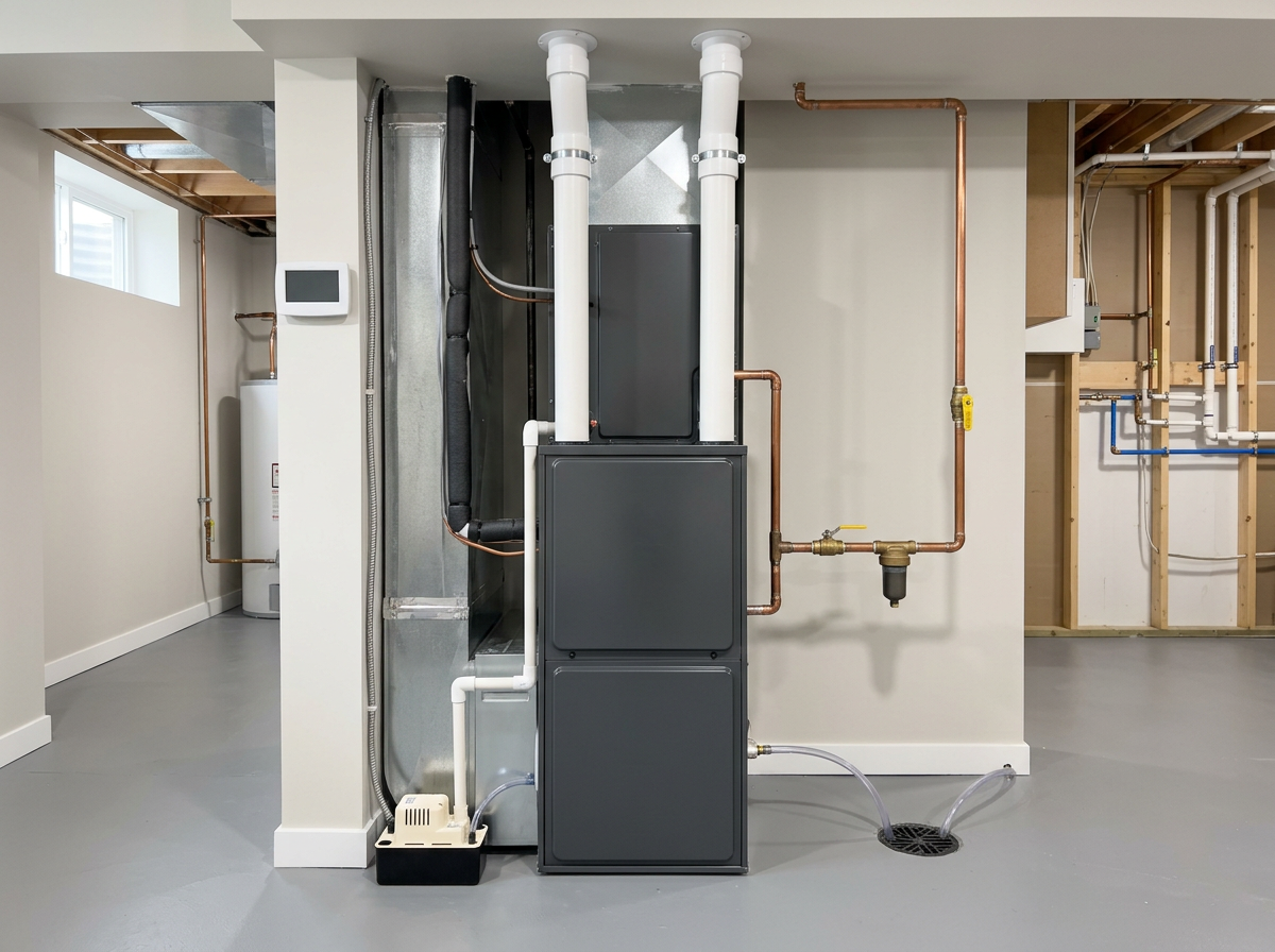 A new high-efficiency furnace installed in a basement